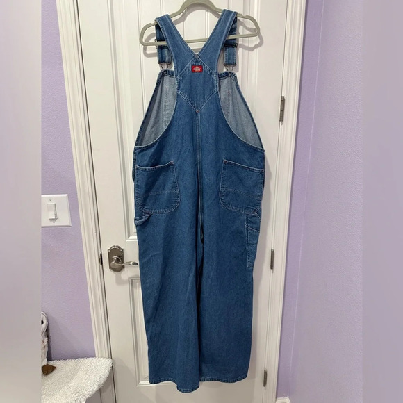 Vintage Dickies Mens 44x30 Spell Out Box Logo Denim Jean Overalls Bibs Blue - Picture 3 of 4